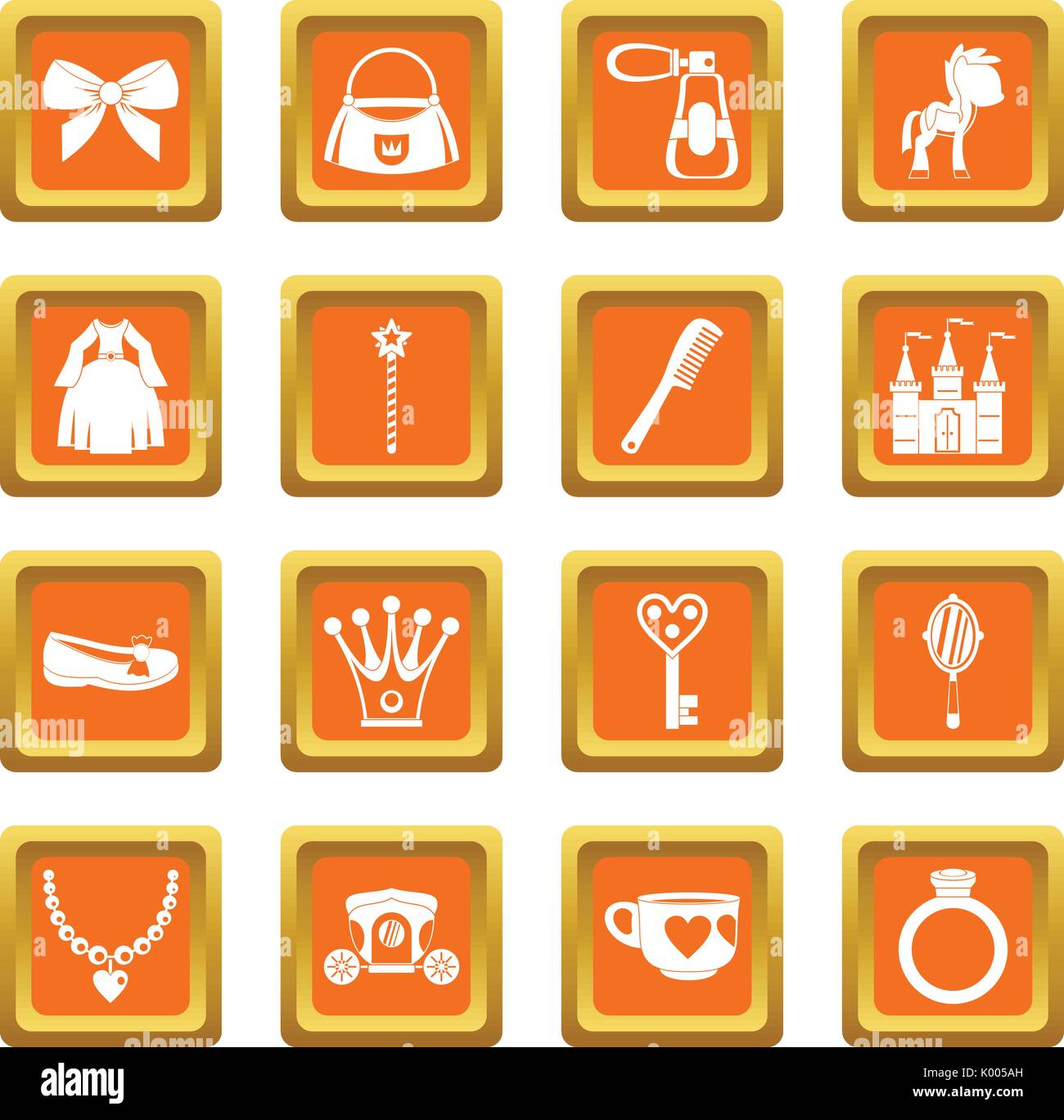 Doll princess items icons set orange Stock Vector