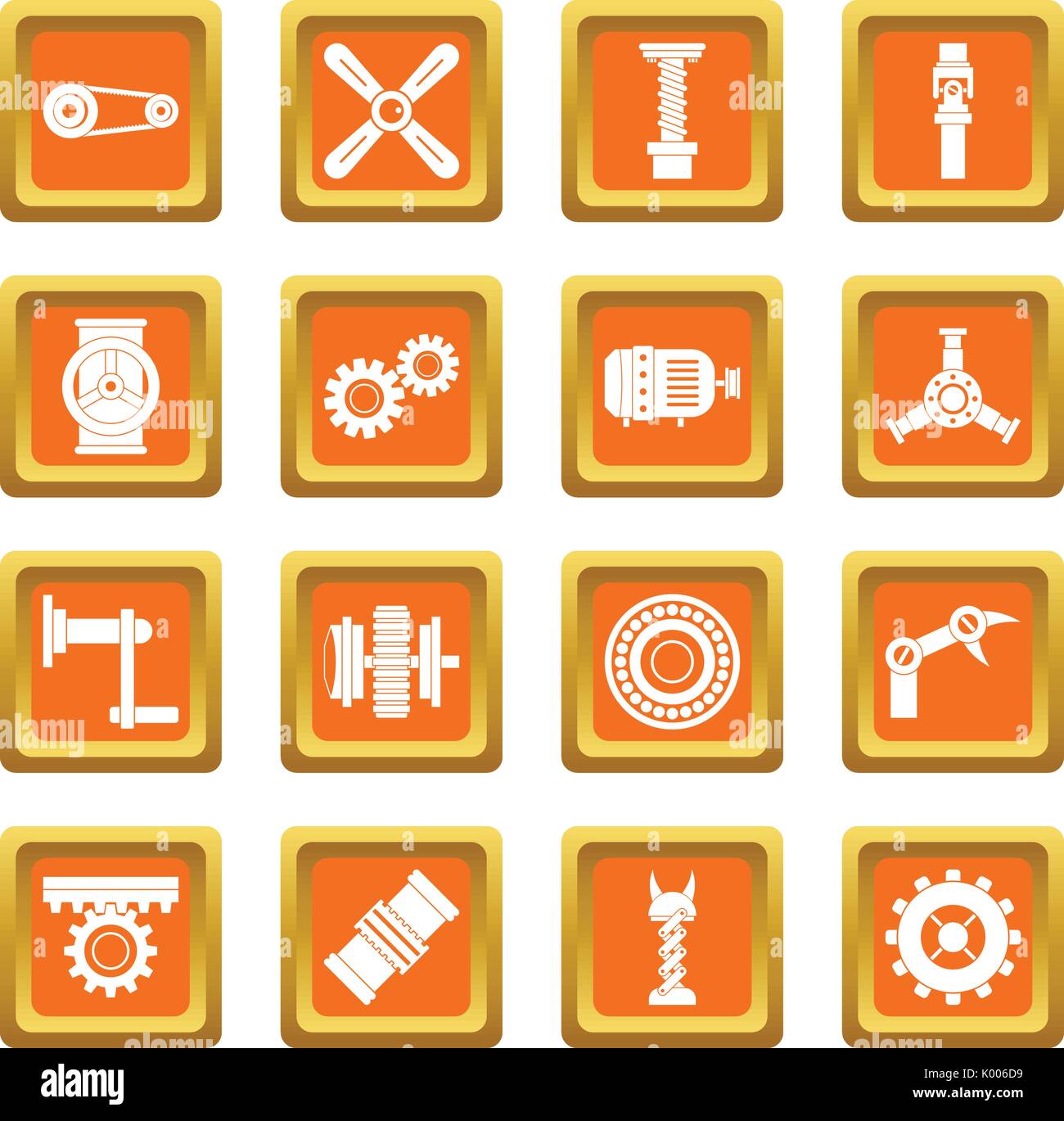 Techno mechanisms kit icons set orange Stock Vector