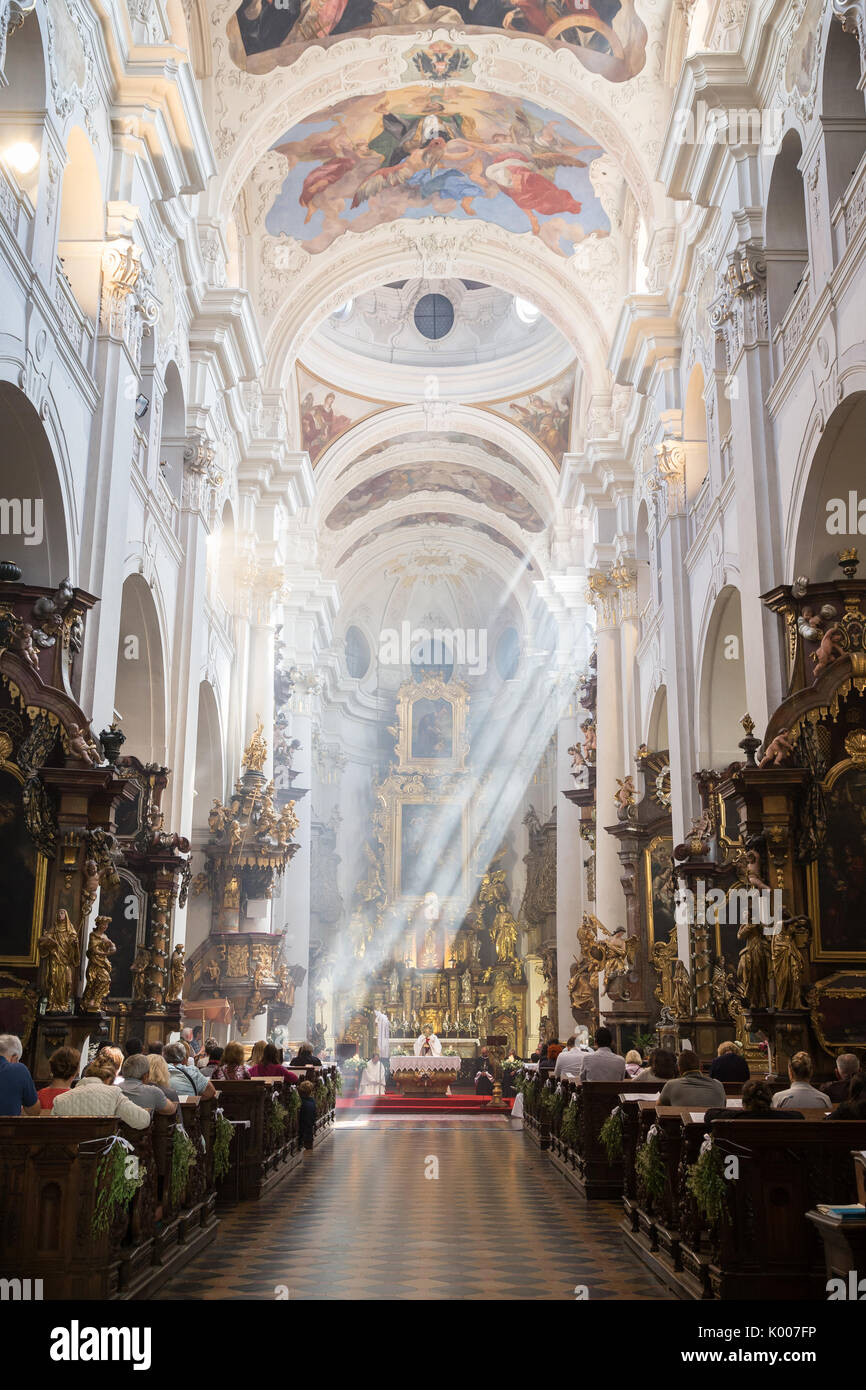 A mass being held at the Church of St. Thomas (Kostel sv. Tomase). It's an Augustinian church in Prague, Czech Republic. Stock Photo
