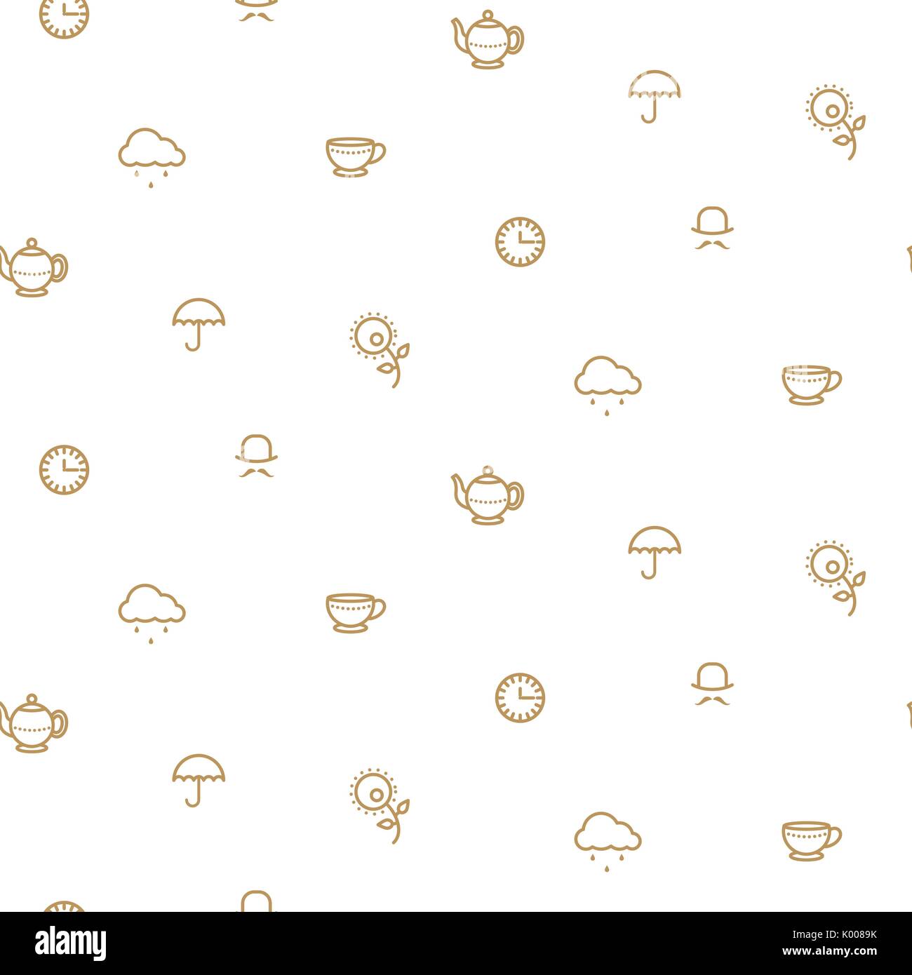English tea party simple gold on white line vector pattern. Stock Vector