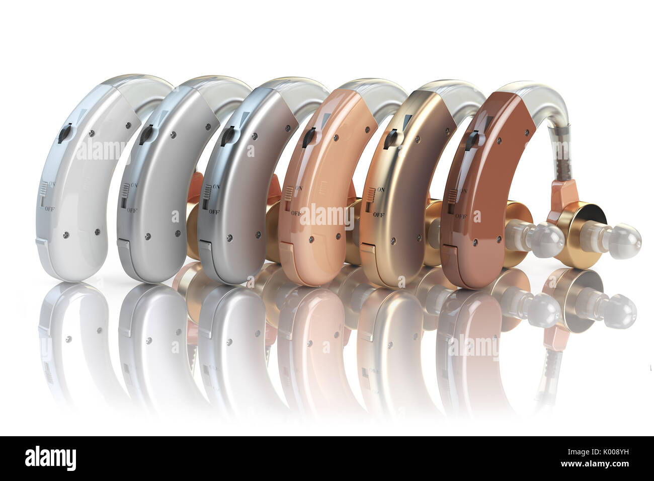 Hearing aids of the different colors isolated on white background. Deaf