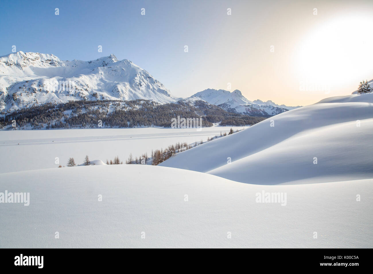 Landscape rounded by heavy snowfall overlooking Piz de la Margna. Canton of Graubunden. Engadine. Switzerland. Europe Stock Photo