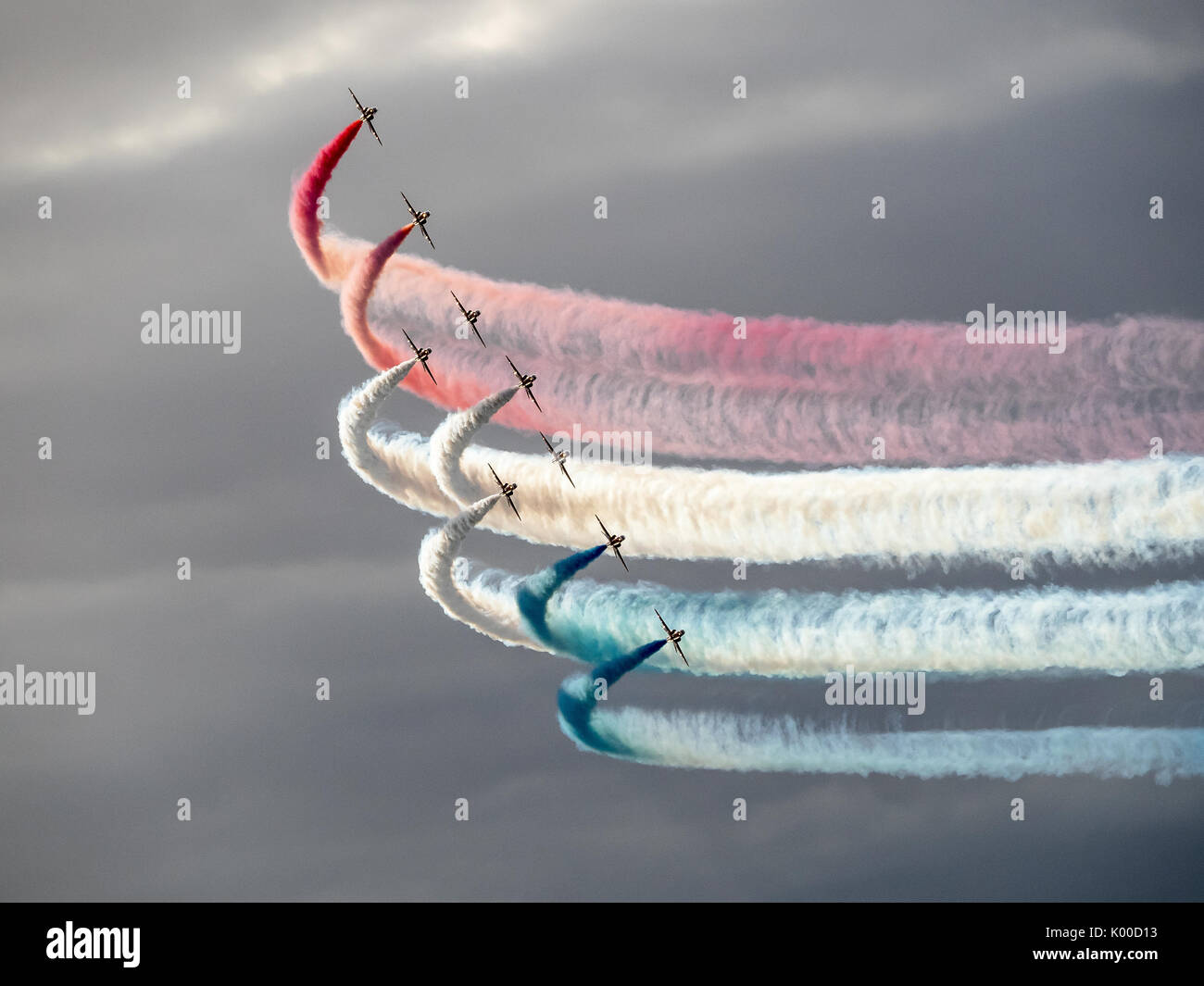 Red Arrows at Herne Bay Air show 2017 with coloured smoke trails Stock Photo
