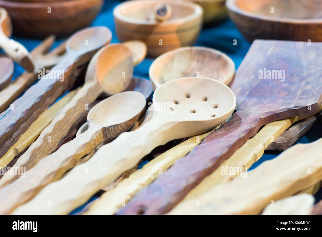 Wooden kitchen tools, spoon, fork, ladle, and flipper in medieval