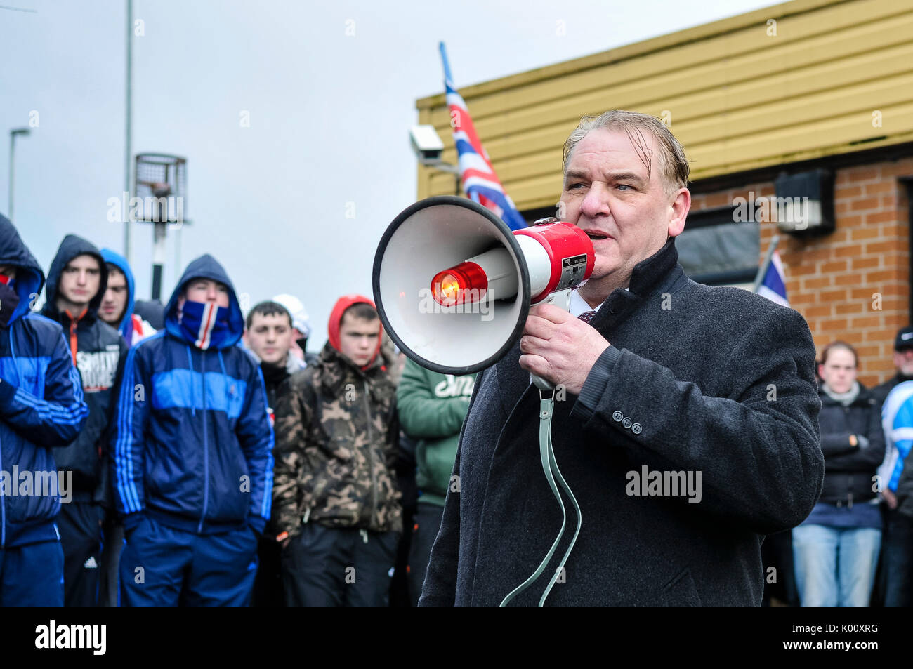 27th January 2013, Londonderry, Northern Ireland.  Henry Reilly from the UKIP and Kilkeel Councillor, addresses a crowd of Unionists Stock Photo