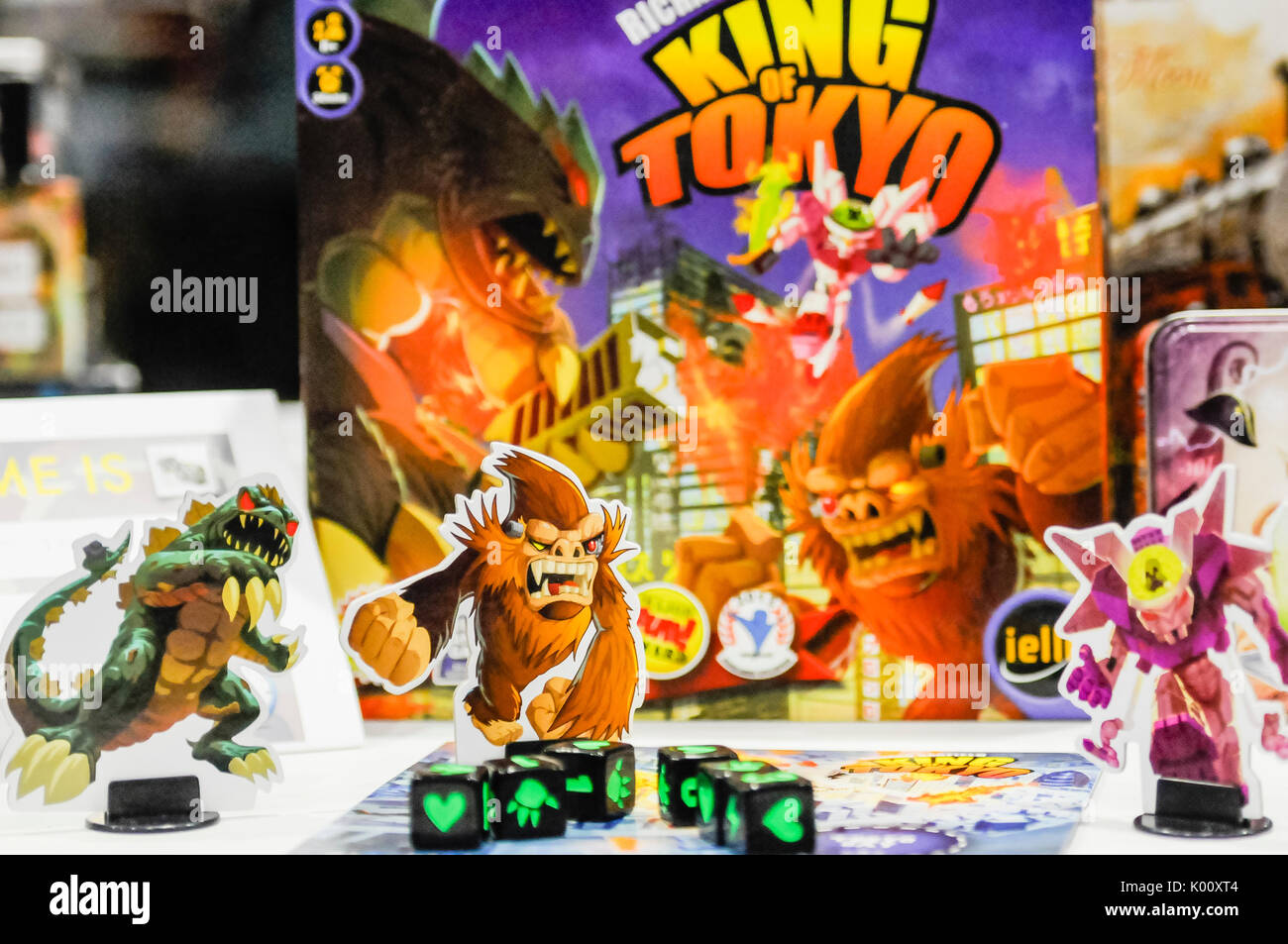 Richard Garfield's King of Tokyo board game with monster charagers and dice. Stock Photo