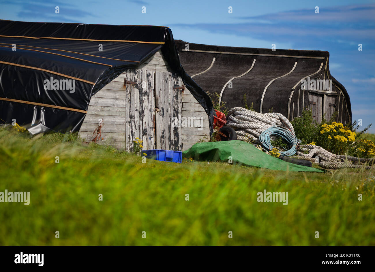 Herring boat converted to be huts on the Holy Island of Lindisfarne off