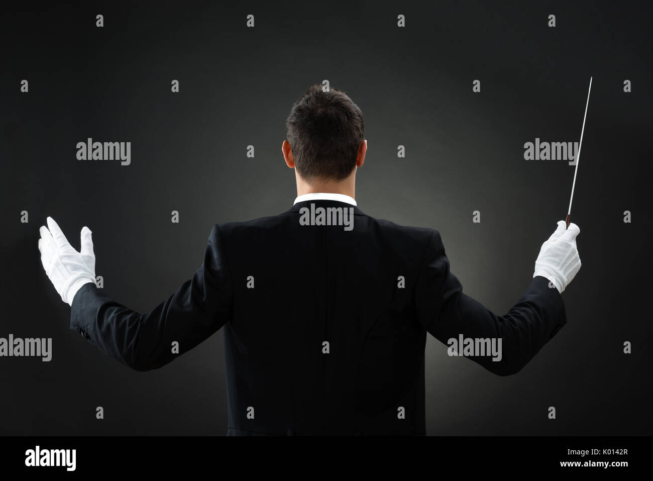 Rear view of male music conductor holding baton against gray Stock