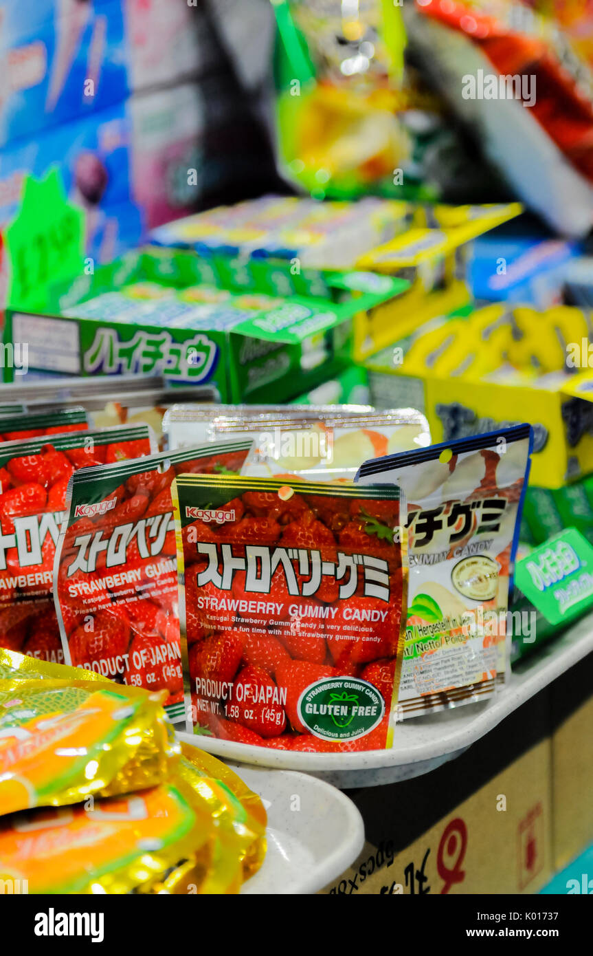 Selection of Japanese snacks for sale, imported into the UK Stock Photo