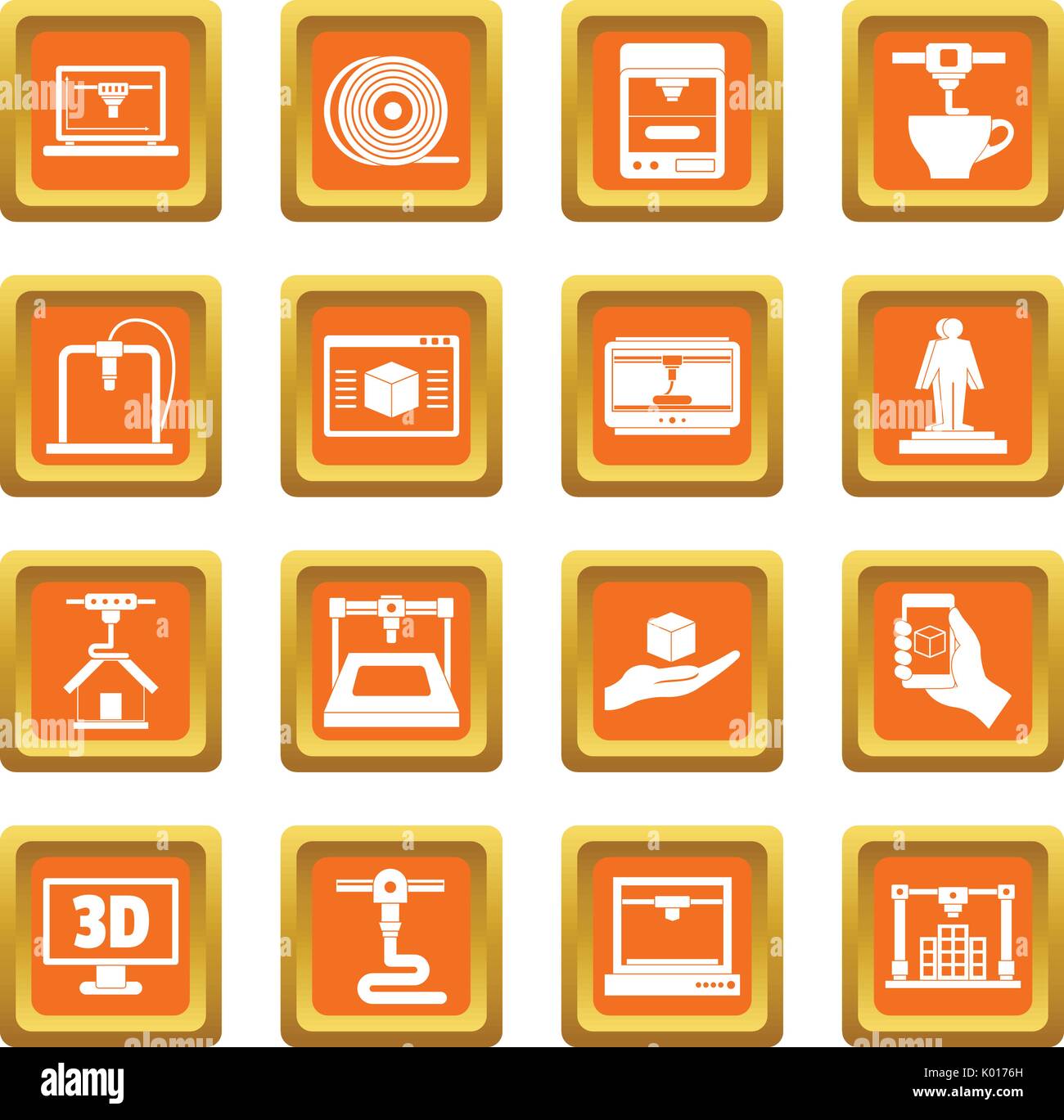 3D Printing icons set orange Stock Vector