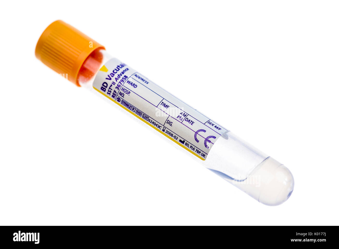 Yellow vacutainer for collecting bloods for biochemistry (urea, electrolytes, liver function, kidney function etc). Stock Photo