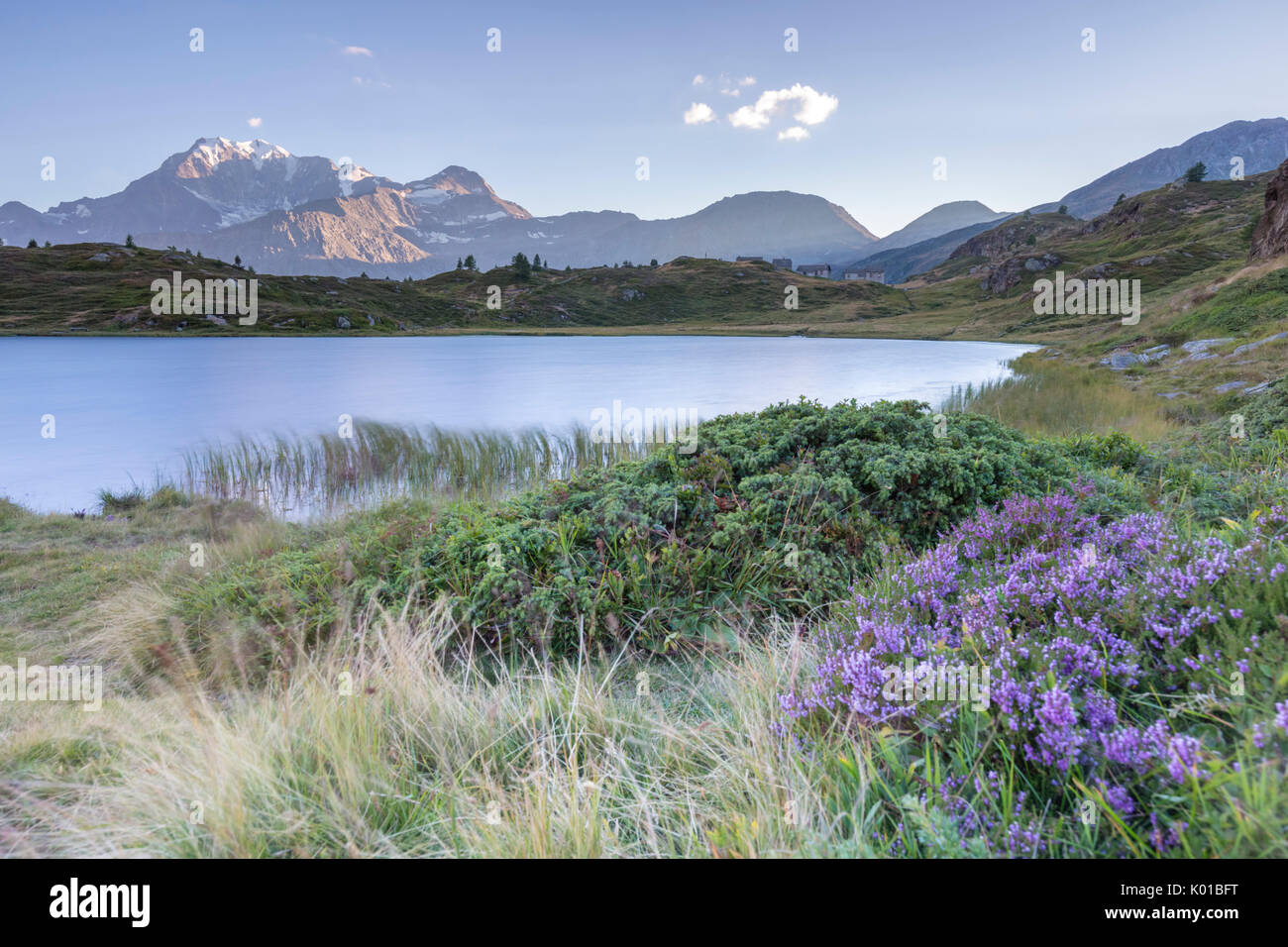 The Hopschusee lake at the top of the Simplon pass and the Fletschhorn at sunset, Simplonpass, Vallis, Switzerland. Stock Photo