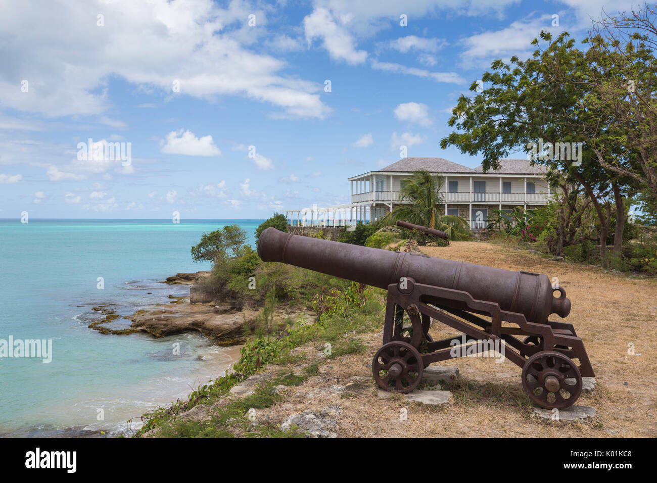 The cannon at Fort Saint James surrounds the clear Caribbean Sea Saint John's Antigua and Barbuda Leeward Islands West Indies Stock Photo