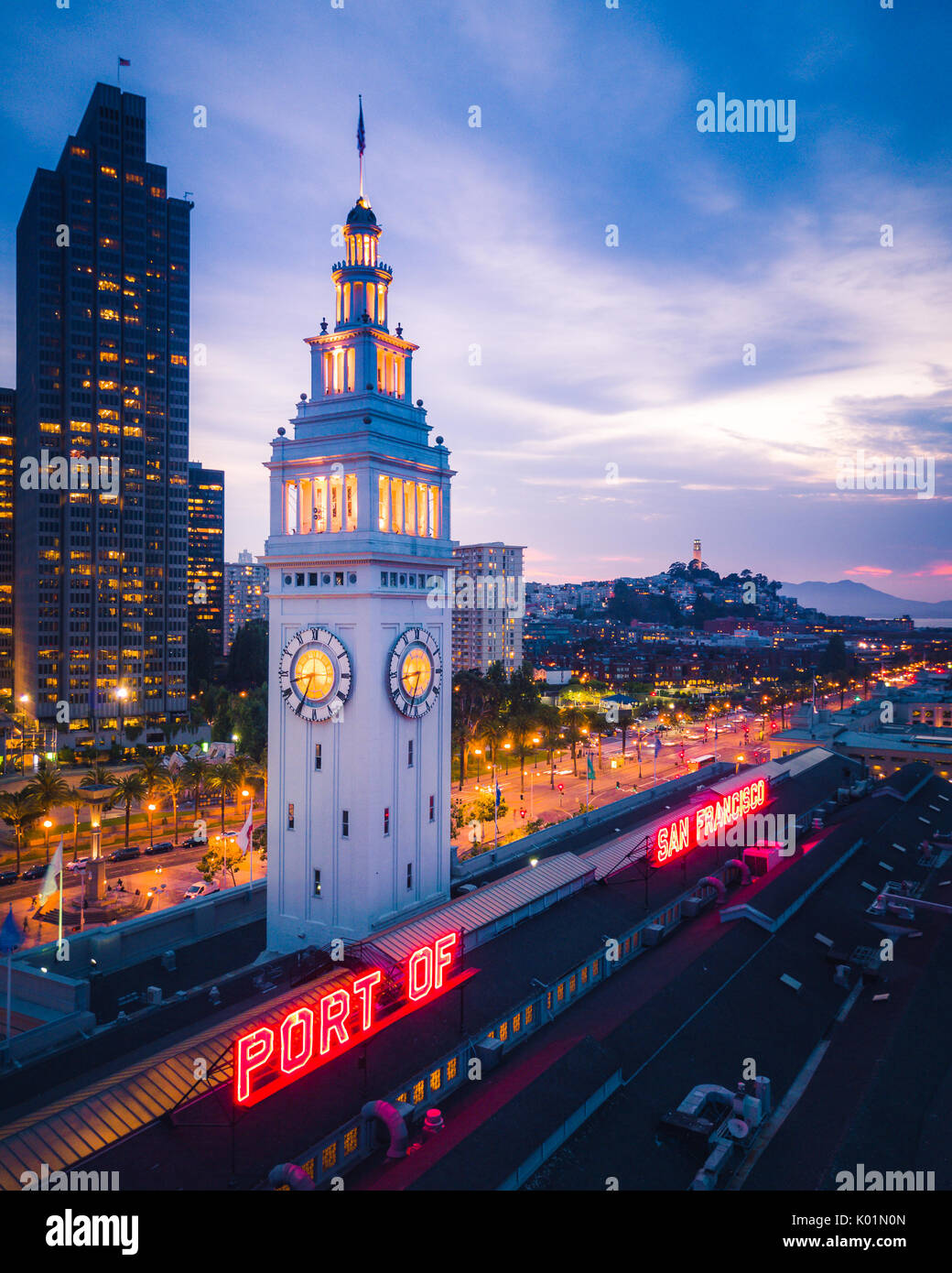 Aerial view of San Francisco Ferry Building at Night Stock Photo