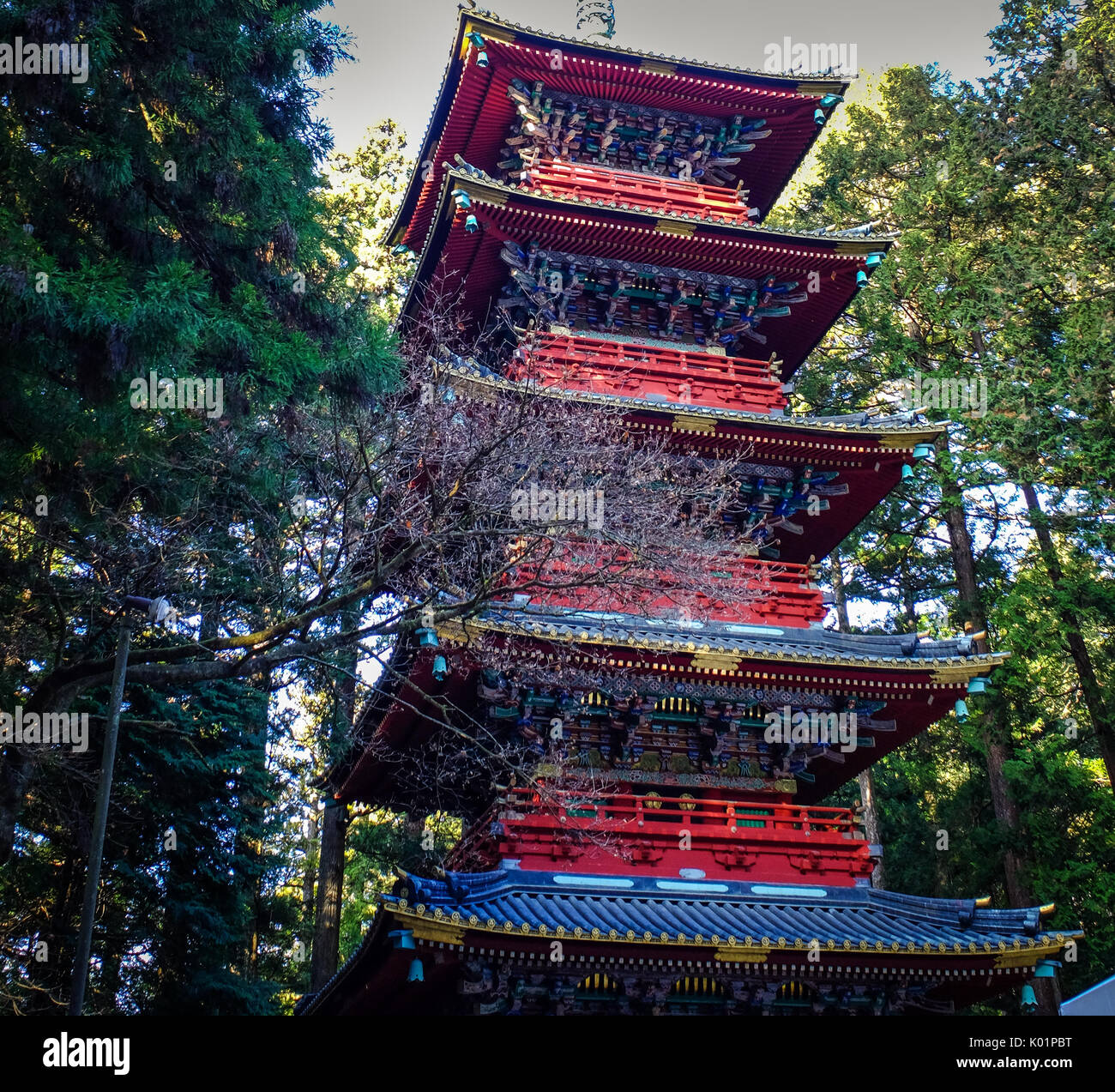 Tower of Toshogu Shrine in Nikko, Japan. Toshogu is part of the Shrines and Temples of Nikko, a UNESCO World Heritage Site. Stock Photo