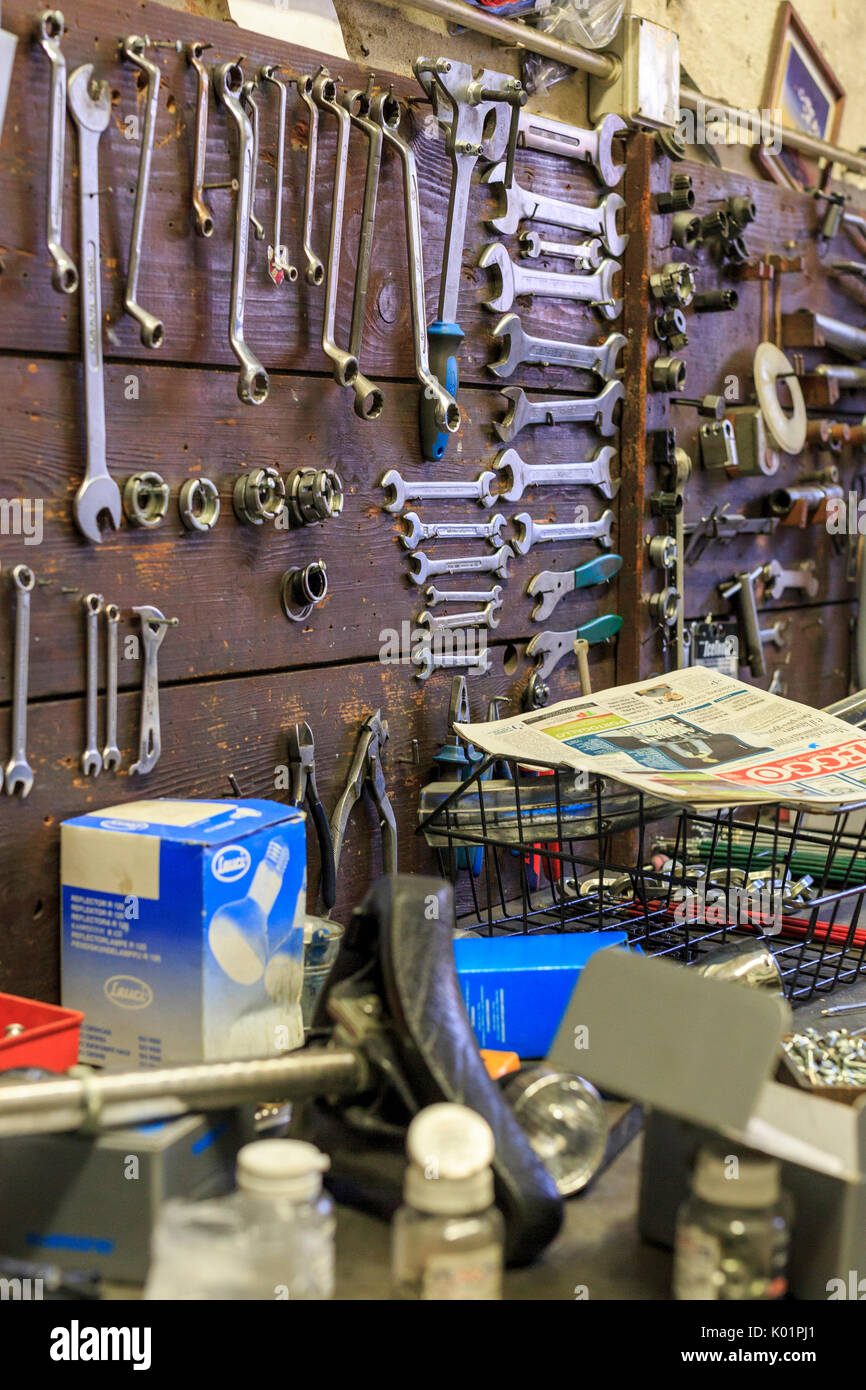 Mechanical tools in the Rossignoli bike shop an icon of Milan Lombardy Italy Europe Stock Photo