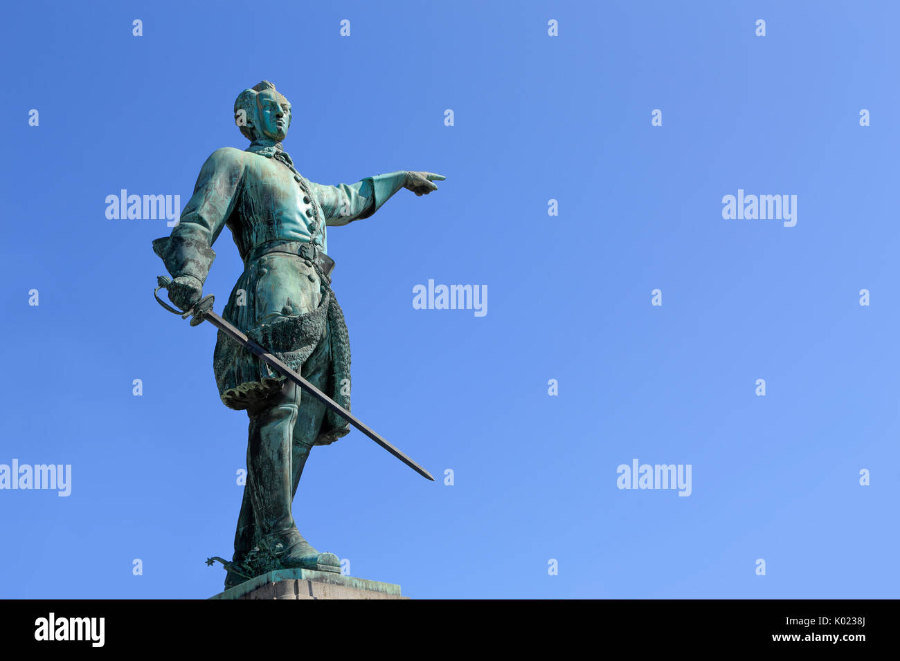 Karl XII, king of Sweden, statue against blue sky. Stockholm, Sweden