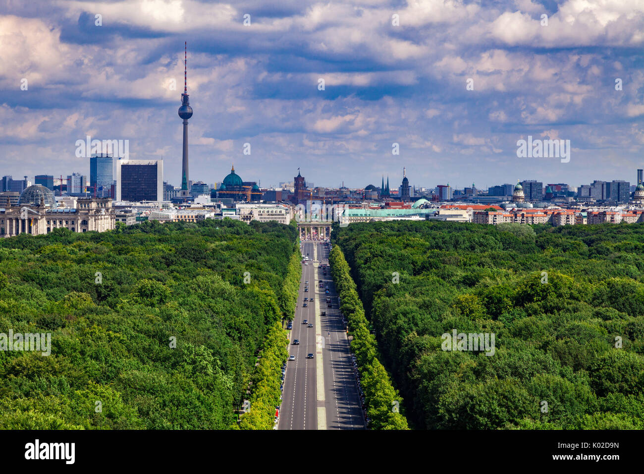 Aerial view of Berlin skyline across Tiergarten to Brandenburg gate seen from Victory Column Stock Photo