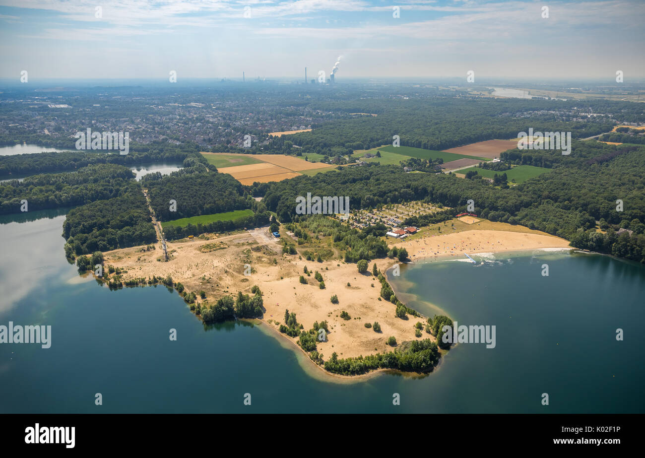 Beach Tenderingssee with the lido and sandbanks in the lake, Voerde (Niederrhein), Ruhr, Nordrhein-Westfalen, Germany, Europe, Aerial View, Aerial, ae Stock Photo