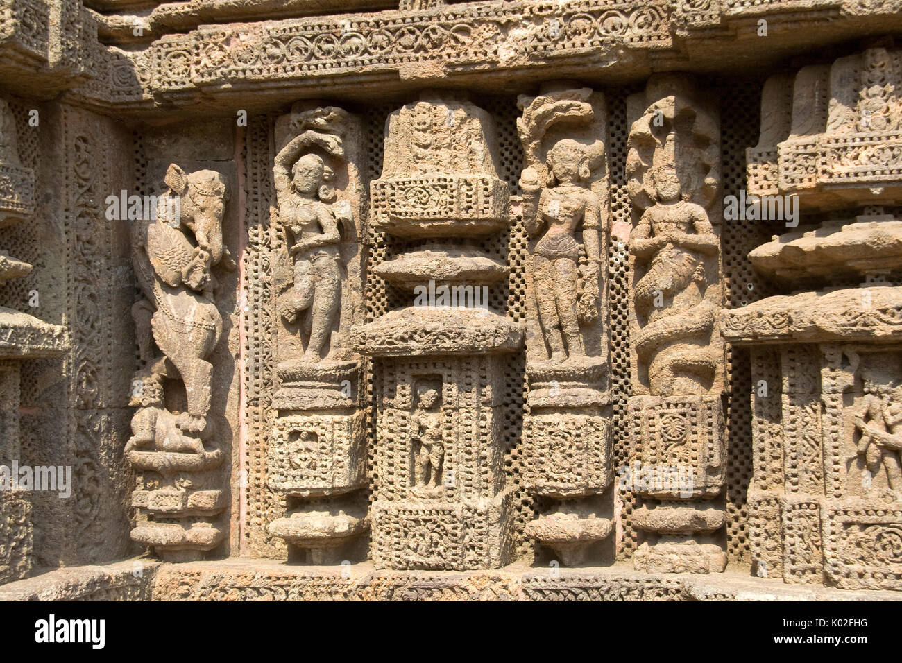 Depiction of mythological characters by deft hands on wall of Sun Temple, Konark, Orissa, India, Asia Uploaded on 27jul17 Accepted Stock Photo