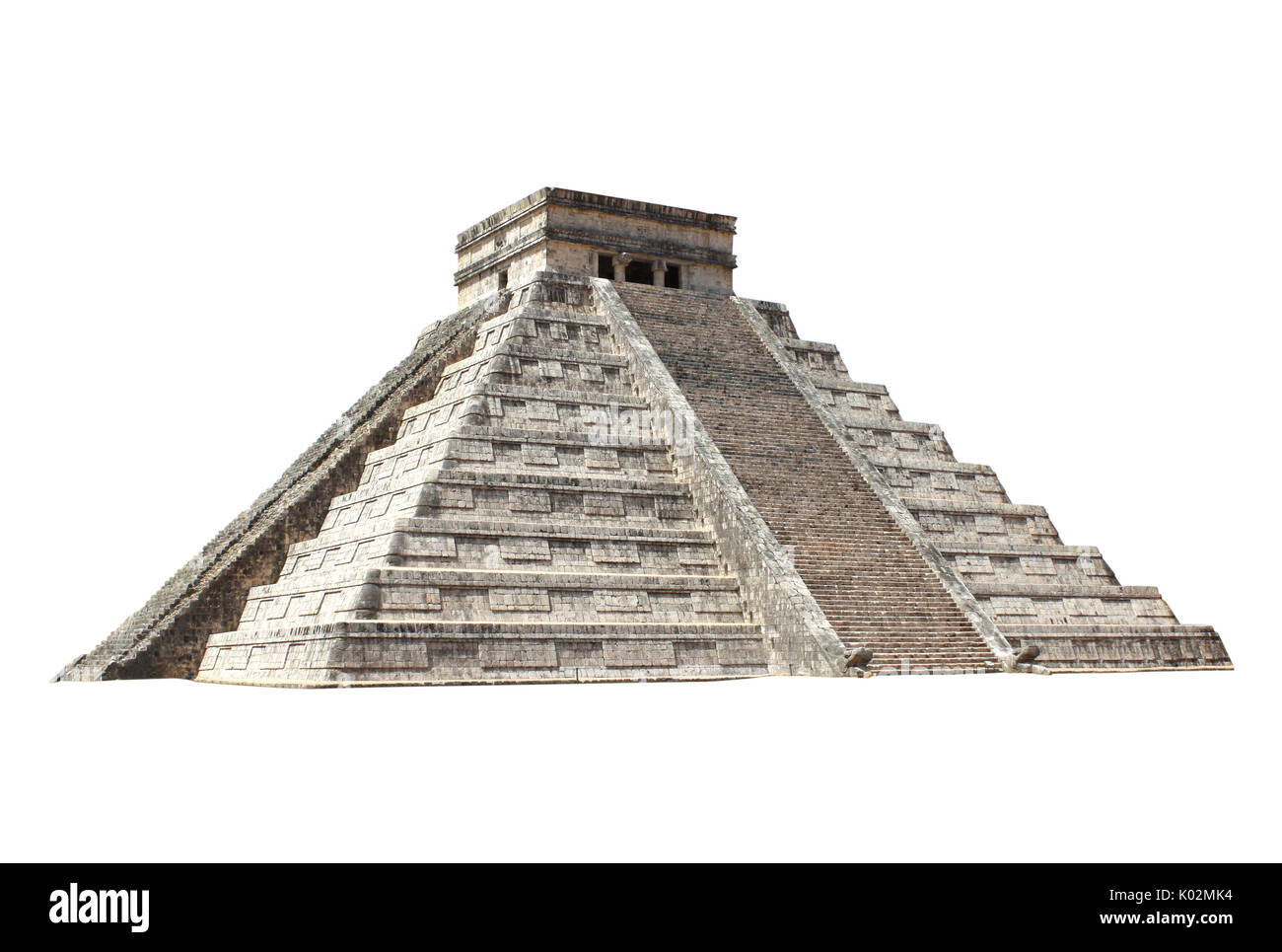 Ancient Mayan pyramid (Kukulcan Temple), Chichen Itza, Yucatan, Mexico. UNESCO world heritage site. Isolated on white background Stock Photo