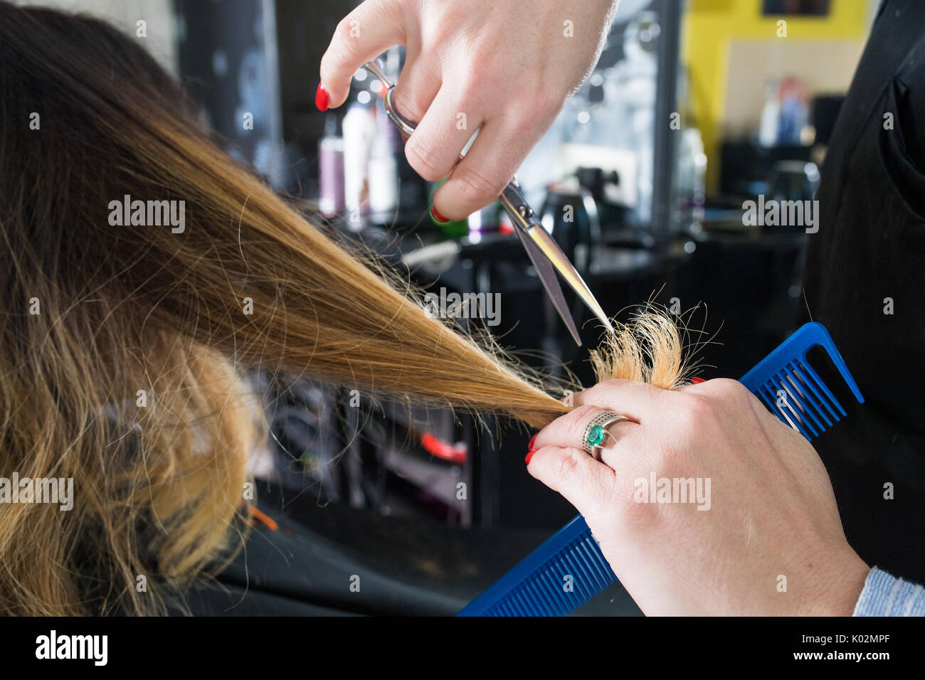 Hairdresser Trimming Ombre Hair With Scissors In Beauty Salon