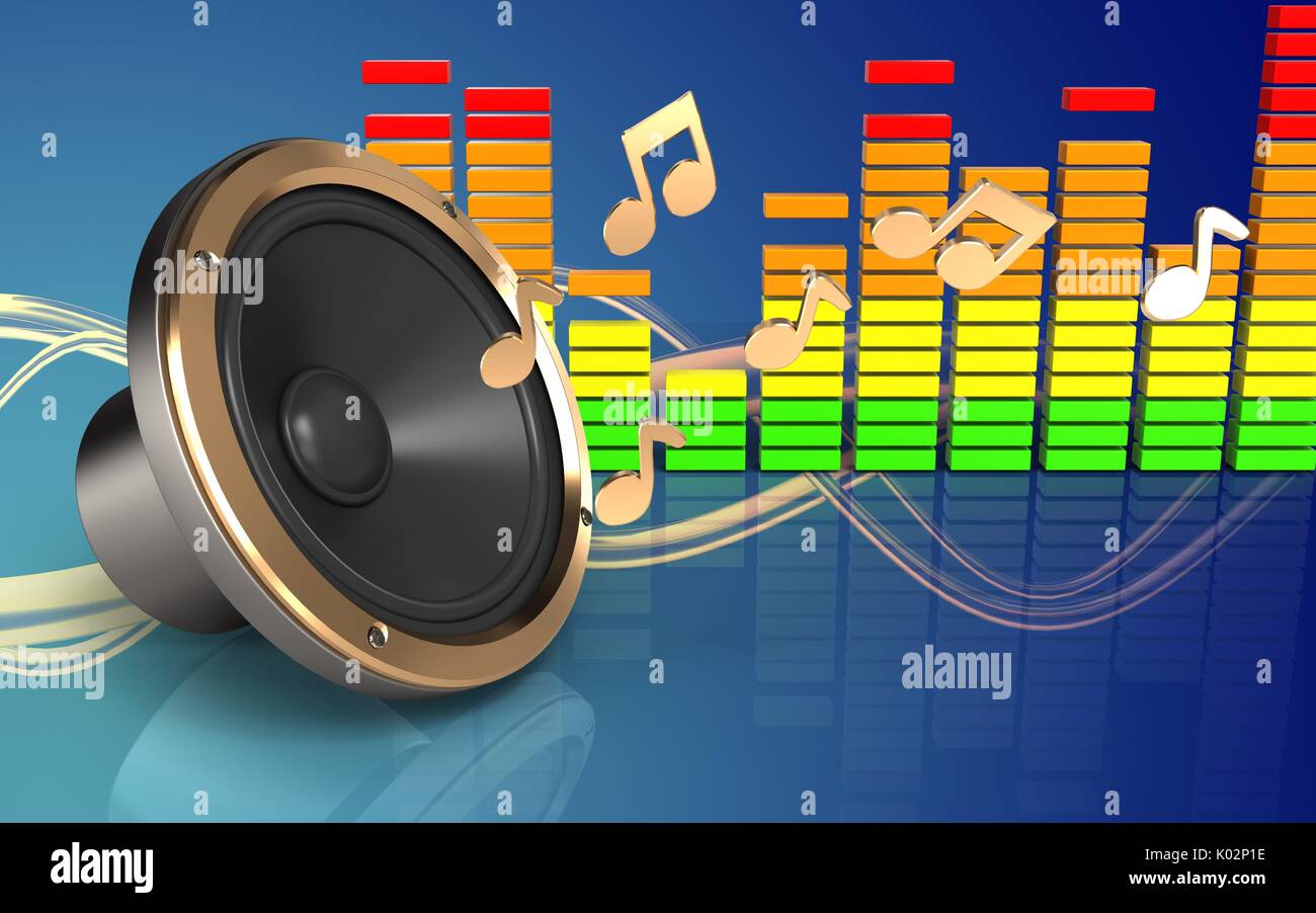 3d illustration of loud speaker over wave blue background with notes ...