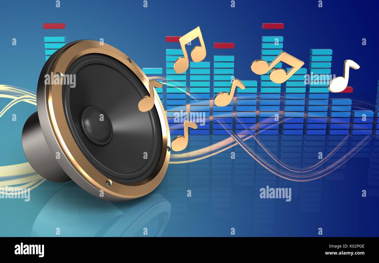 3d illustration of loud speaker over wave blue background with notes ...