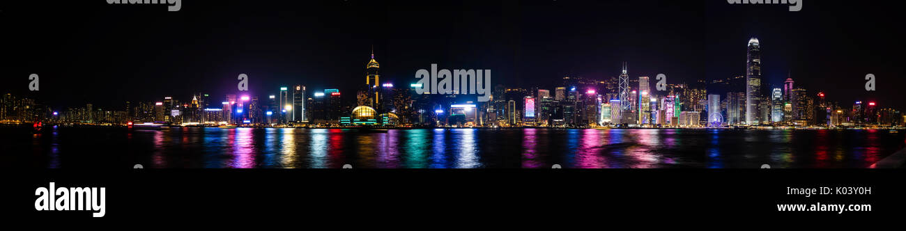 Panoramic view of Hong Kong Bay 20000x3680 pixels at night Stock Photo ...