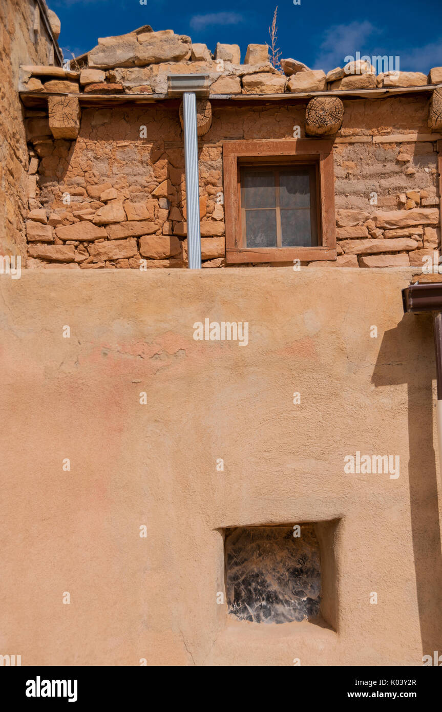 An old adobe home with pre glass window in one of the oldest continually inhabitated settlements in North America, Acoma Pueblo Sky City, New Mexico,  Stock Photo