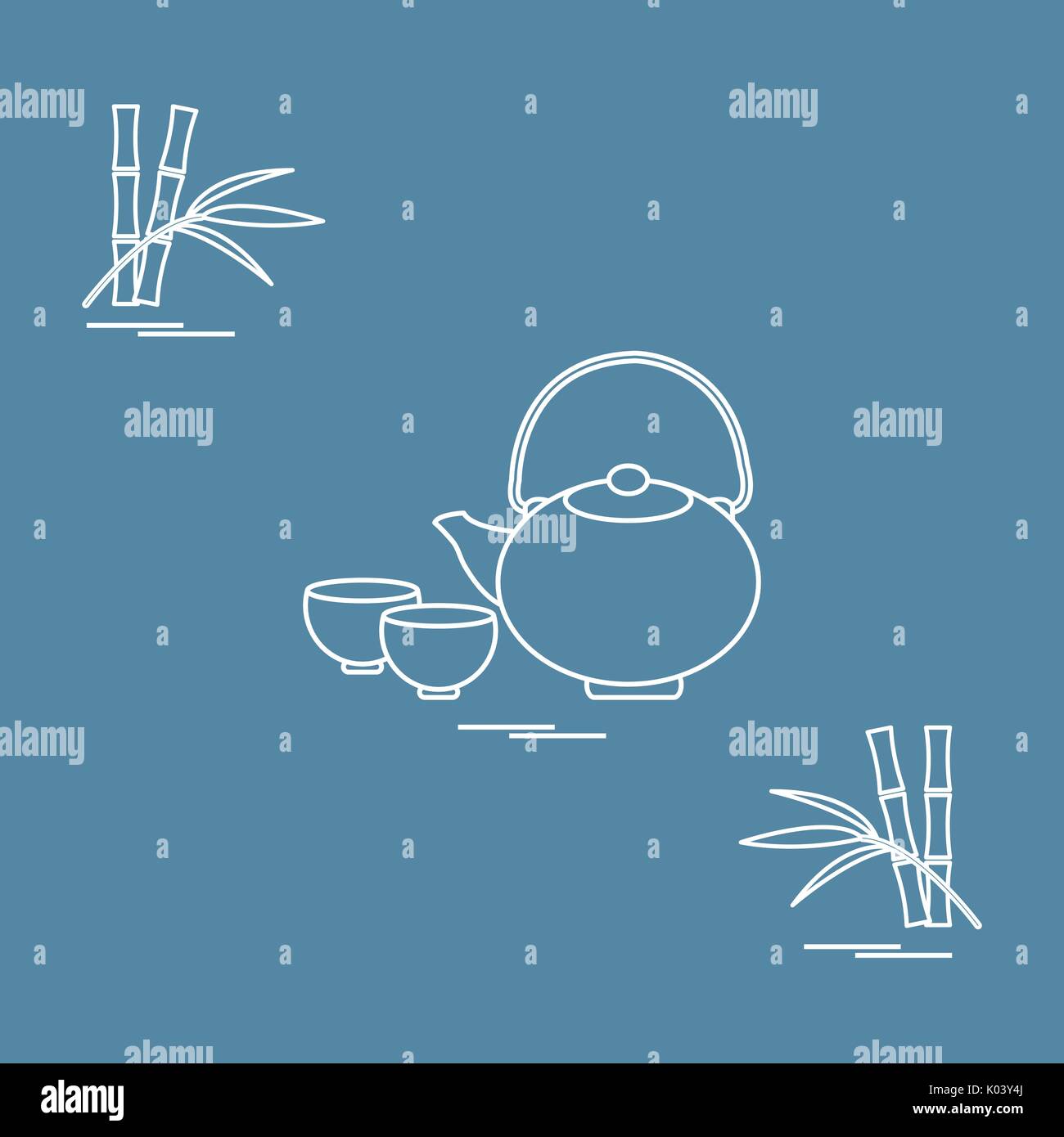 Stylized icon of the teapot with two cups and bamboo. Tea ceremony ...