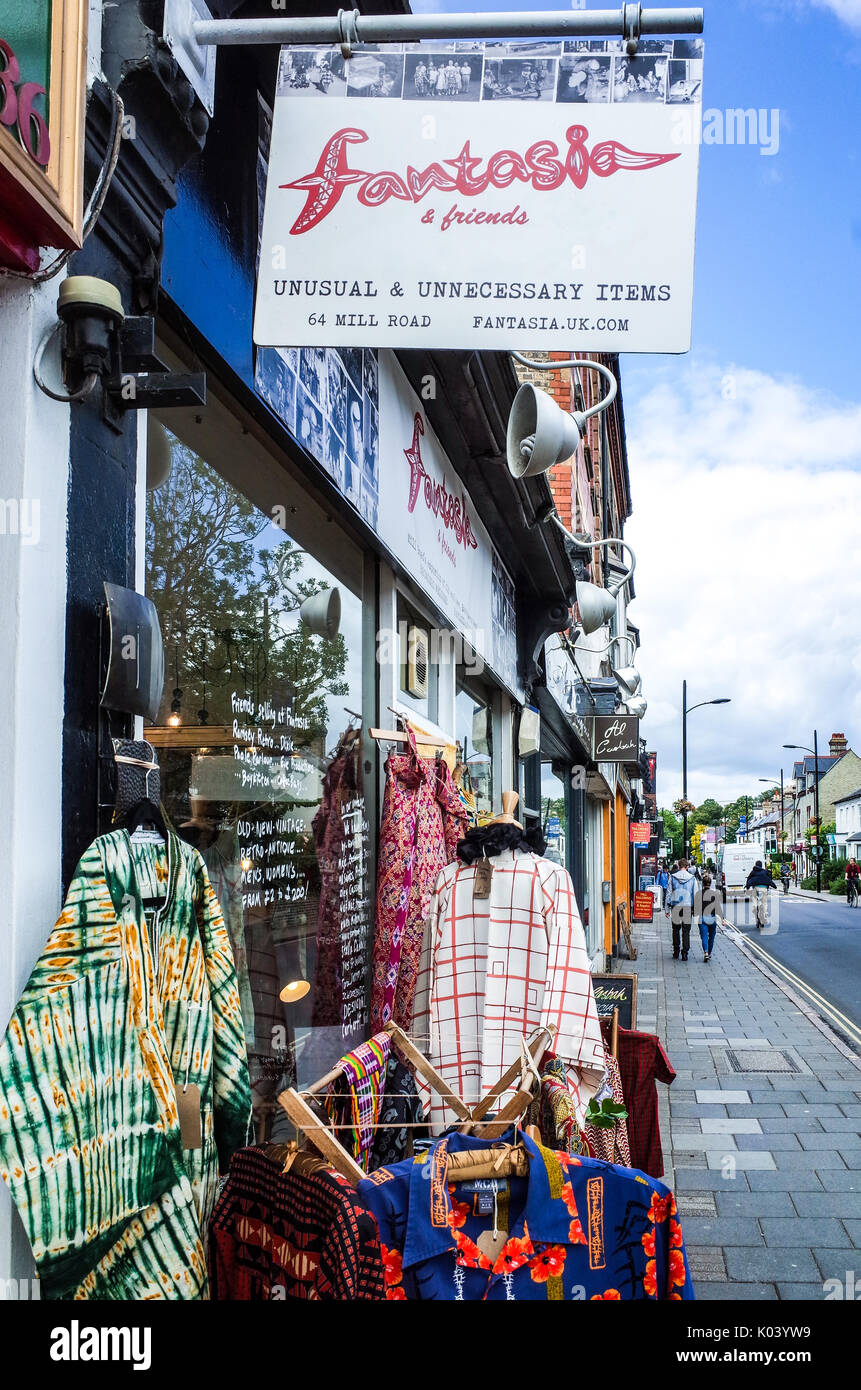 Independent Stores on Mill Road Cambridge - vintage clothes for sale outside the quirky and independent Fantasia shop in Petersfield area of Cambridge Stock Photo