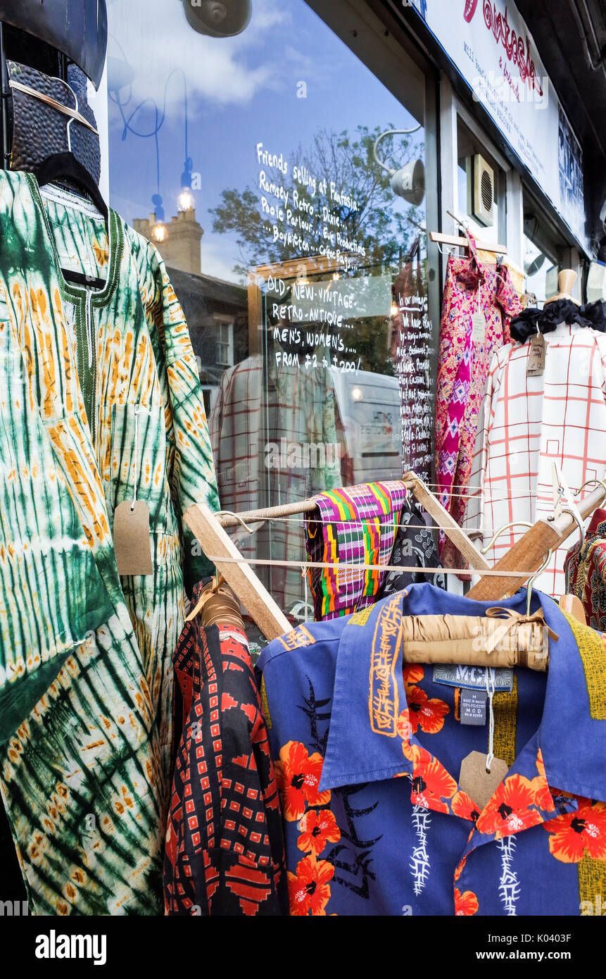 Independent Stores on Mill Road Cambridge - vintage clothes for sale outside the quirky and independent Fantasia shop in Petersfield area of Cambridge Stock Photo