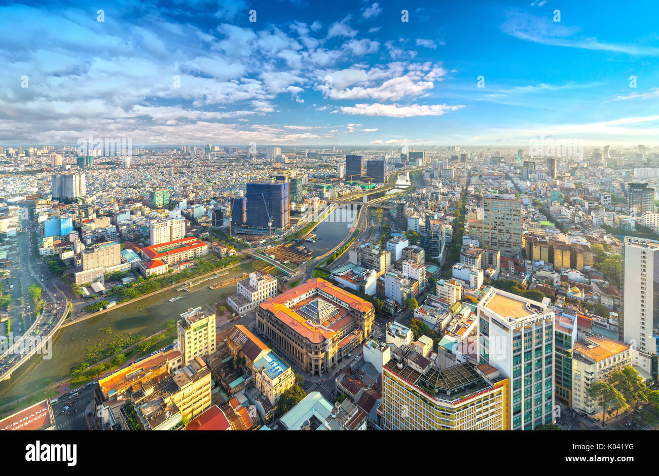 High view of Saigon skyline when the afternoon sun shines down urban ...