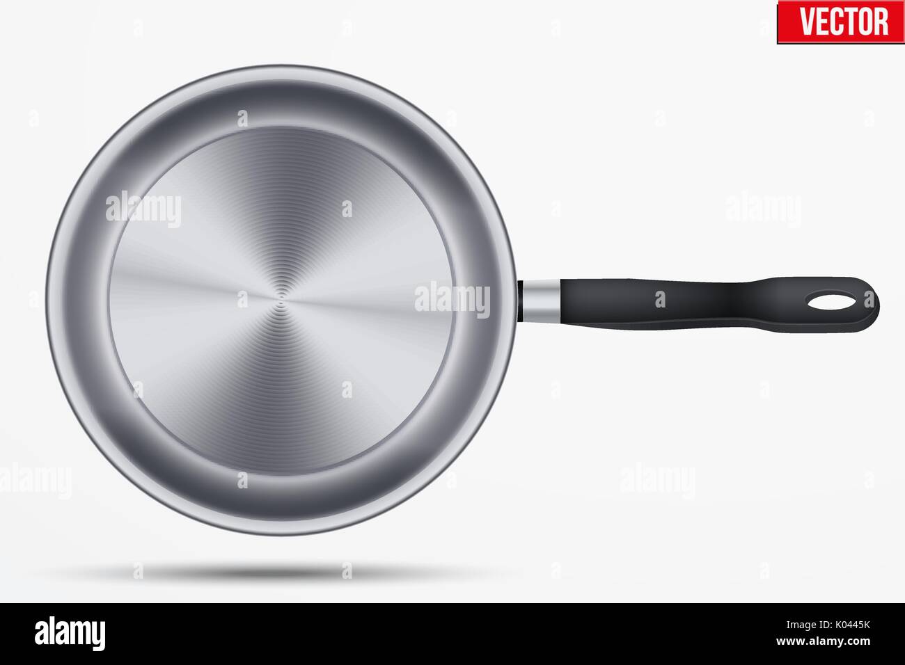 Classic stainless steel fry pan with handle. Top view and round shape