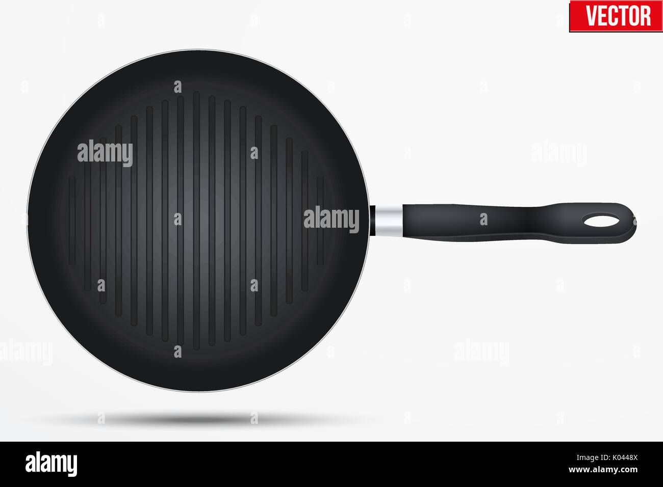 Classic Metal black grill pan with handle. Top view and round shape. Kitchen and domestic symbol