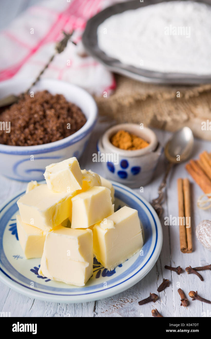 All ingredients for 'pepernoten' or 'kruidnoten', a Dutch delicacy for Dutch holiday 'Sinterklaas'. Stock Photo