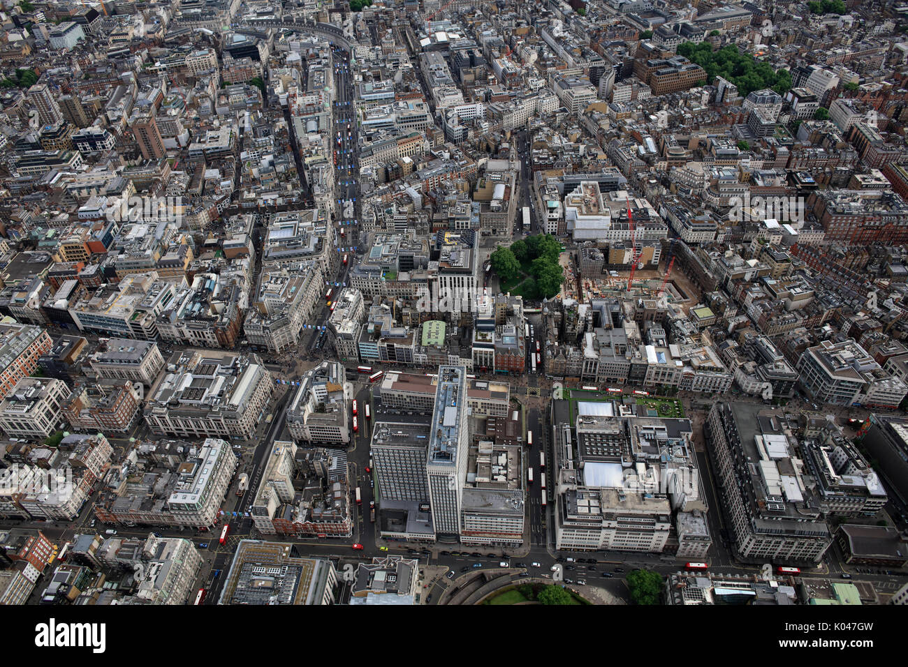 An aerial view of London from Oxford Circus looking down Regent Street towards Mayfair and Soho Stock Photo