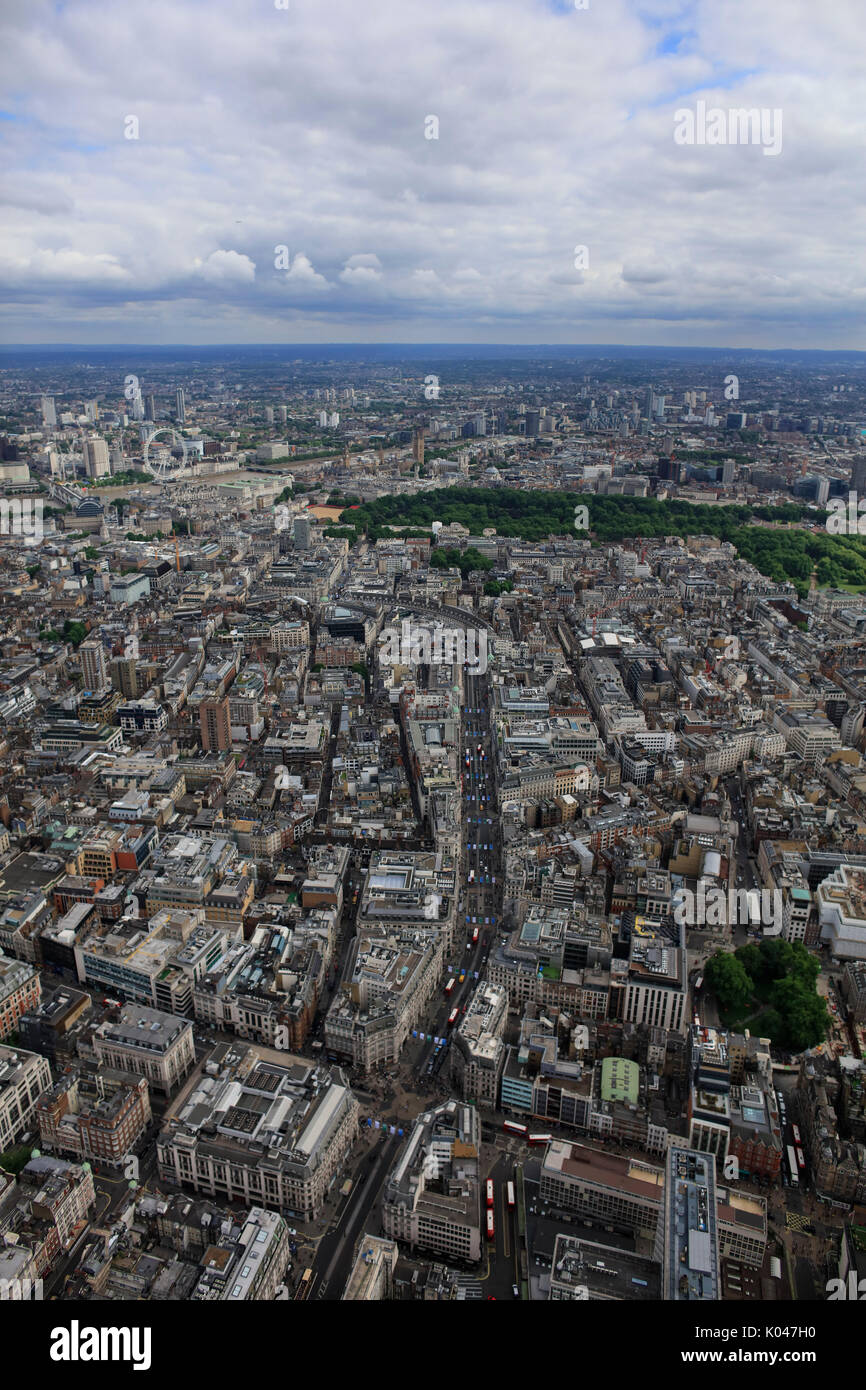 An aerial view looking down Regent Street towards Buckingham Palace and Westminster Stock Photo
