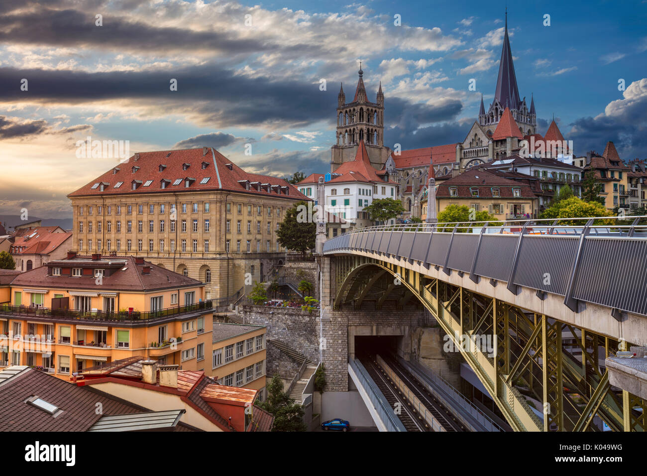 City of Lausanne. Cityscape image of downtown Lausanne, Switzerland during sunset. Stock Photo