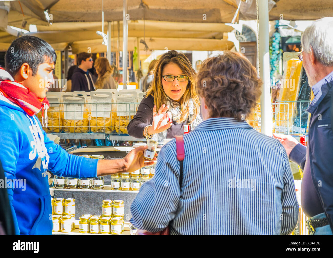 vendor at camo dei fiori market selling scecialities Stock Photo