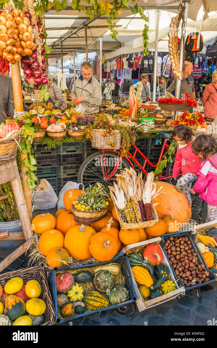 vegetable and fruit stall at campo dei fiori market, Stock Photo