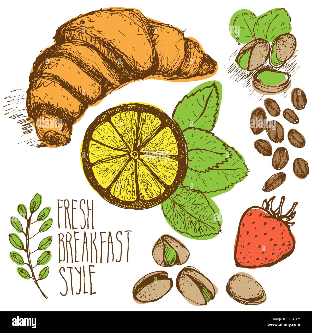Sketched breakfast seamless background with croissant, lemon and berries. Drawned on white paper. Stock Vector