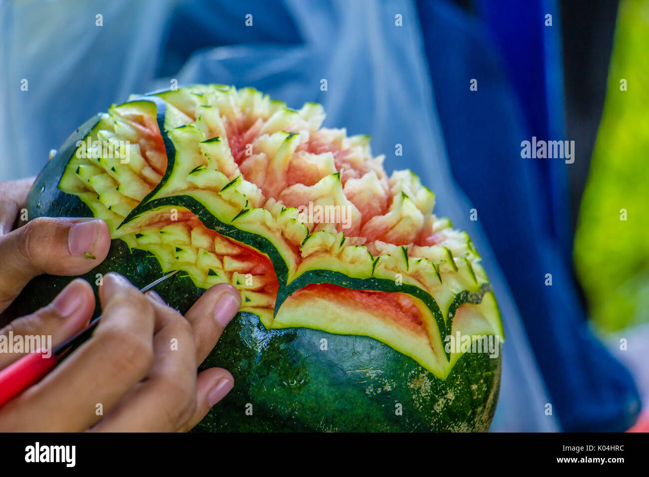 Watermelon Carving with hand thailand Stock Photo