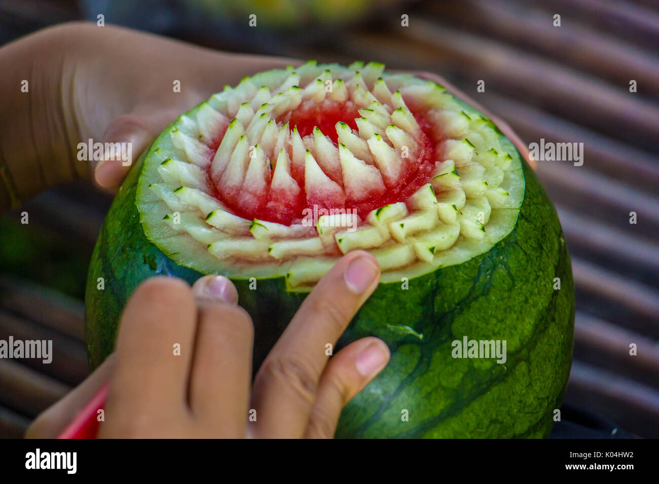 Watermelon Carving with hand thailand Stock Photo