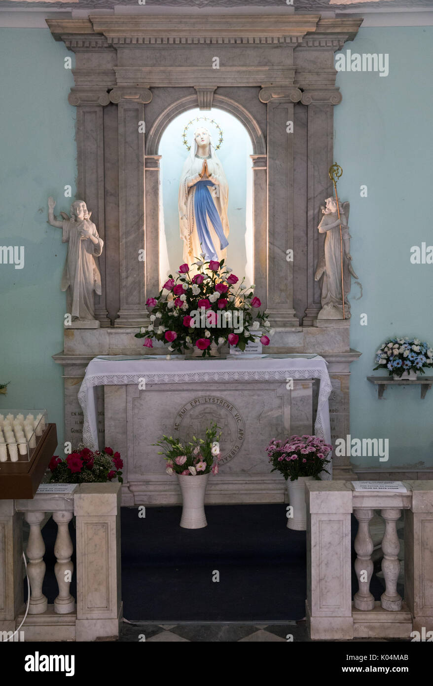 Shrine at the Side chapel at the Cathedral of St Mary the Crowned in Gibraltar with the Madonna as the centrepiece Stock Photo