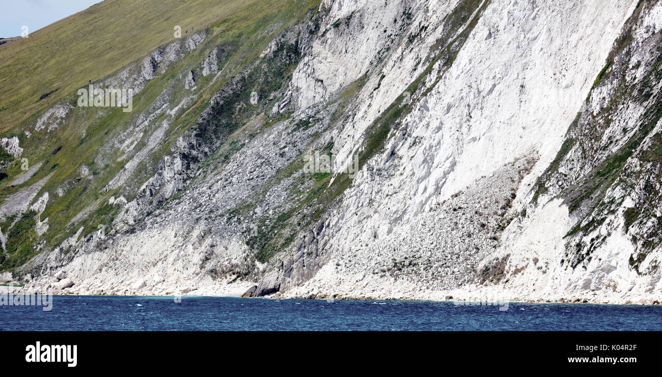 Crumbling chalk cliff face with well-established sea eroded talus cone ...