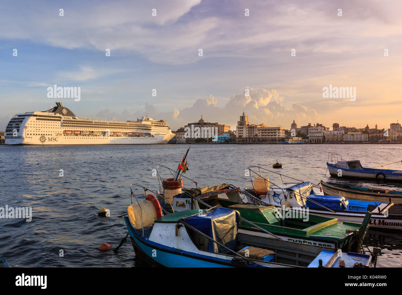 Cruise Ship MSC Opera at sunset in the Port of Havana cruise terminal, Havana, Cuba Stock Photo