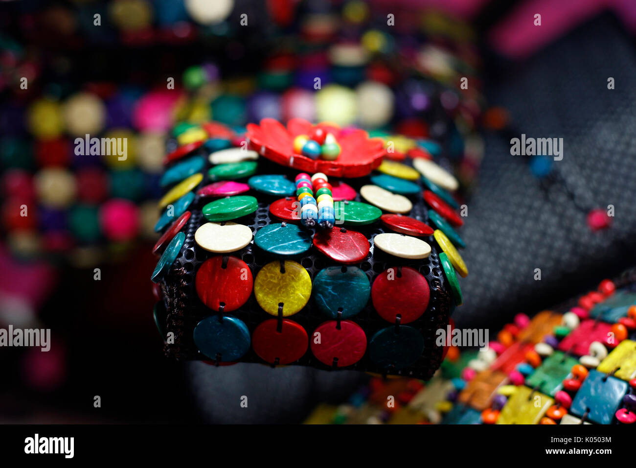 Handicrafts on display at a road-side shop in Dhaka, Bangladesh on