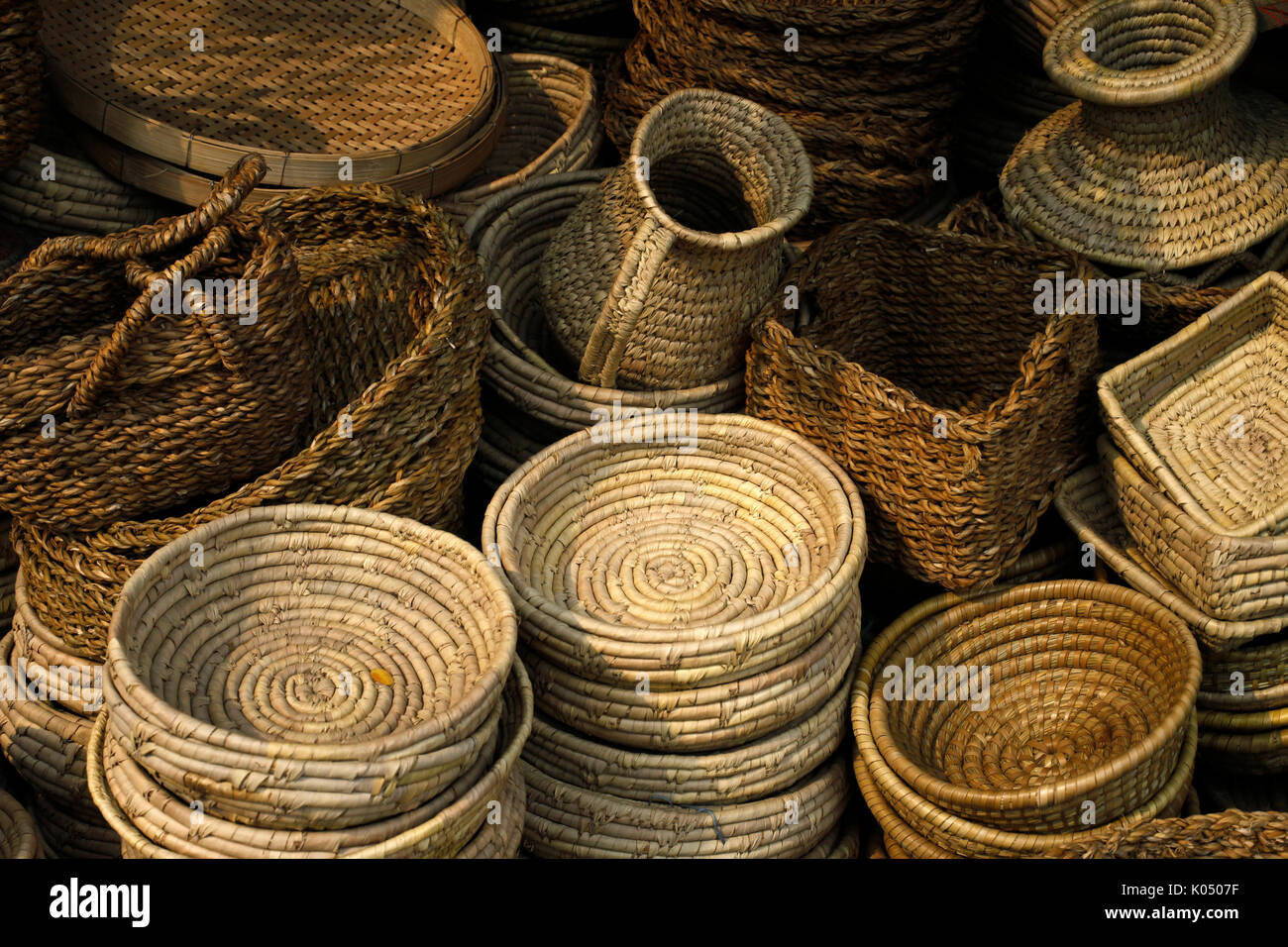 Cane products on display at a roadside shop in Dhaka, Bangladesh on